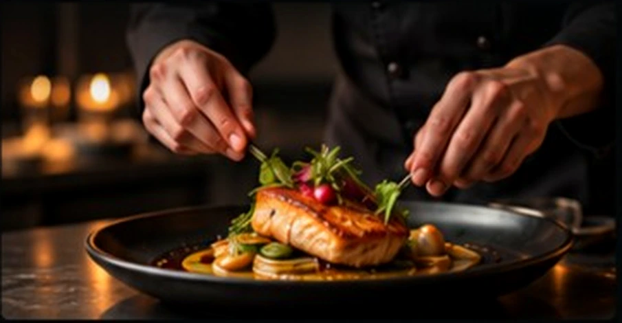 Chef carefully decorating a beautifully plated dish