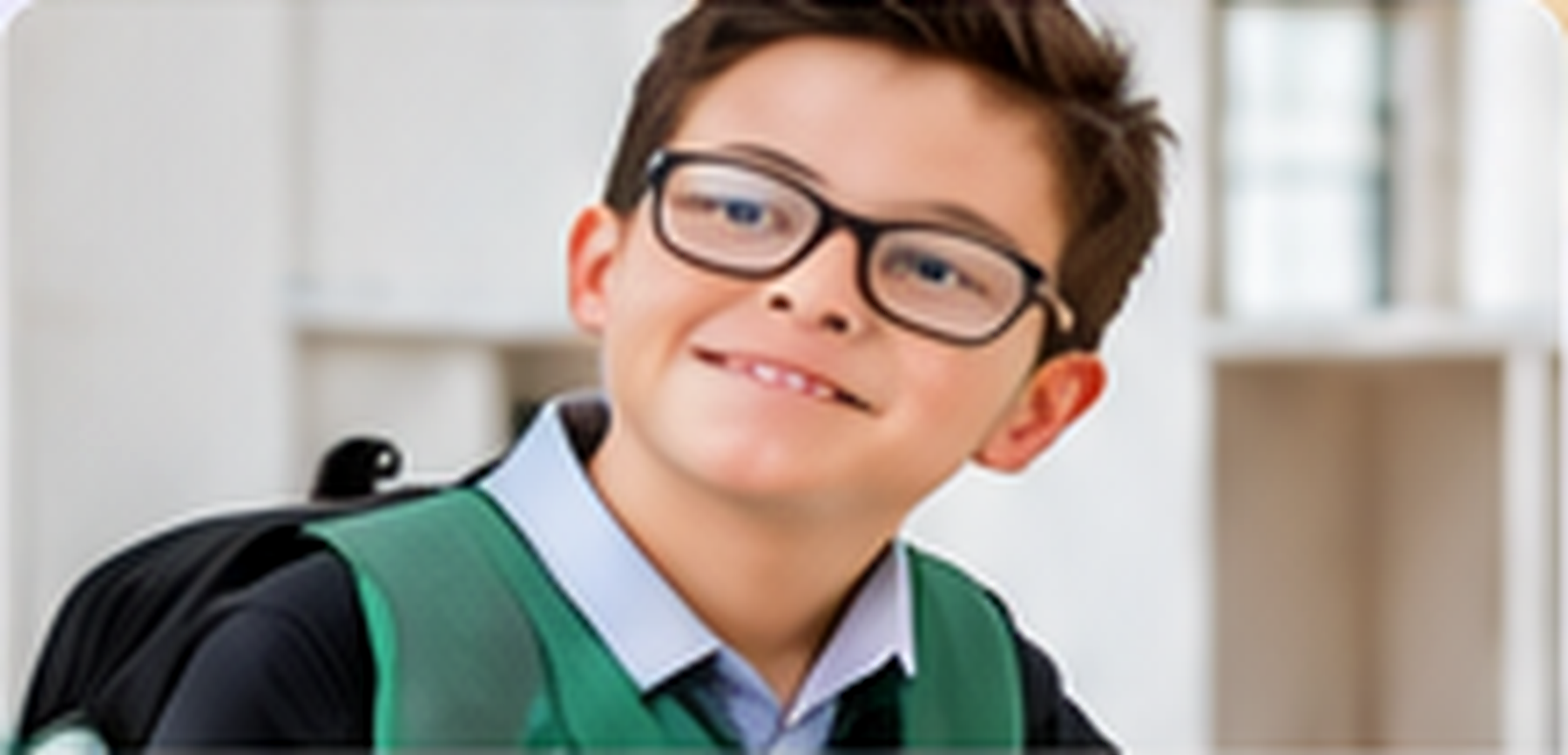 School child wearing glasses and a backpack